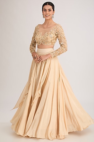 Gold Silk Lehenga Set by Neha Mehta Couture
