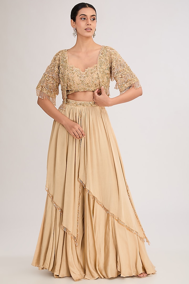 Gold Satin Georgette Hand Embroidered Jacket Wedding Lehenga Set by Neha Mehta Couture at Pernia's Pop Up Shop