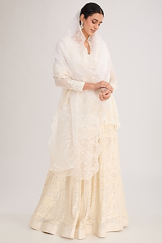 Ivory Lucknowi & Georgette Sharara Set by Neha Mehta Couture
