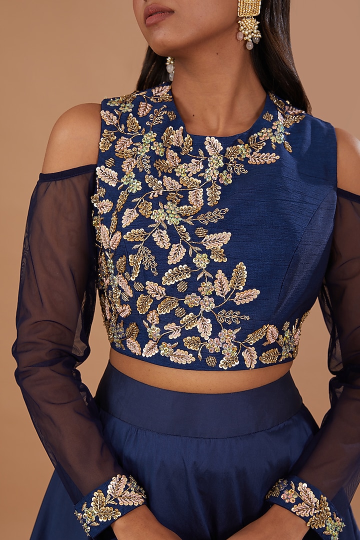 Blue Silk Hand Embroidered Wedding Lehenga Set by Neha Mehta Couture at Pernia's Pop Up Shop