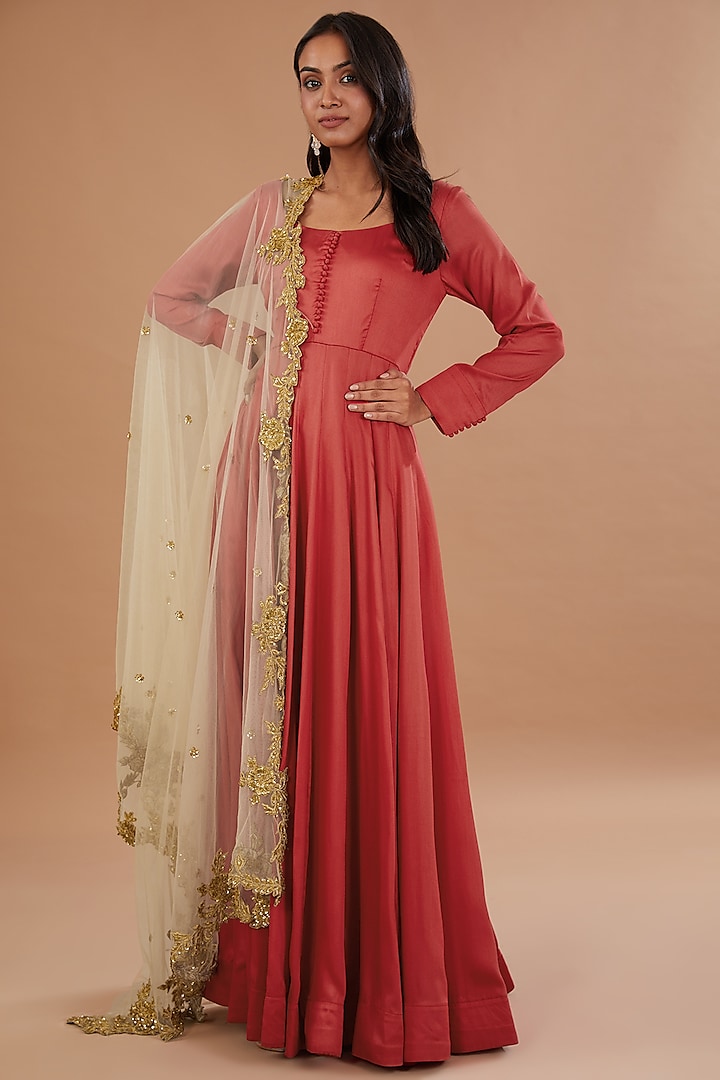 Red Silk Anarkali Set by Neha Mehta Couture