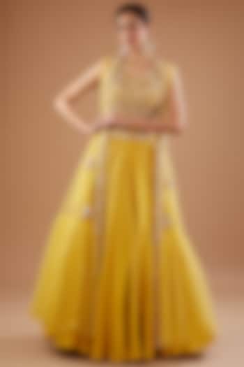 Yellow Silk Georgette Hand Embroidered Cape Set by Neha Mehta Couture