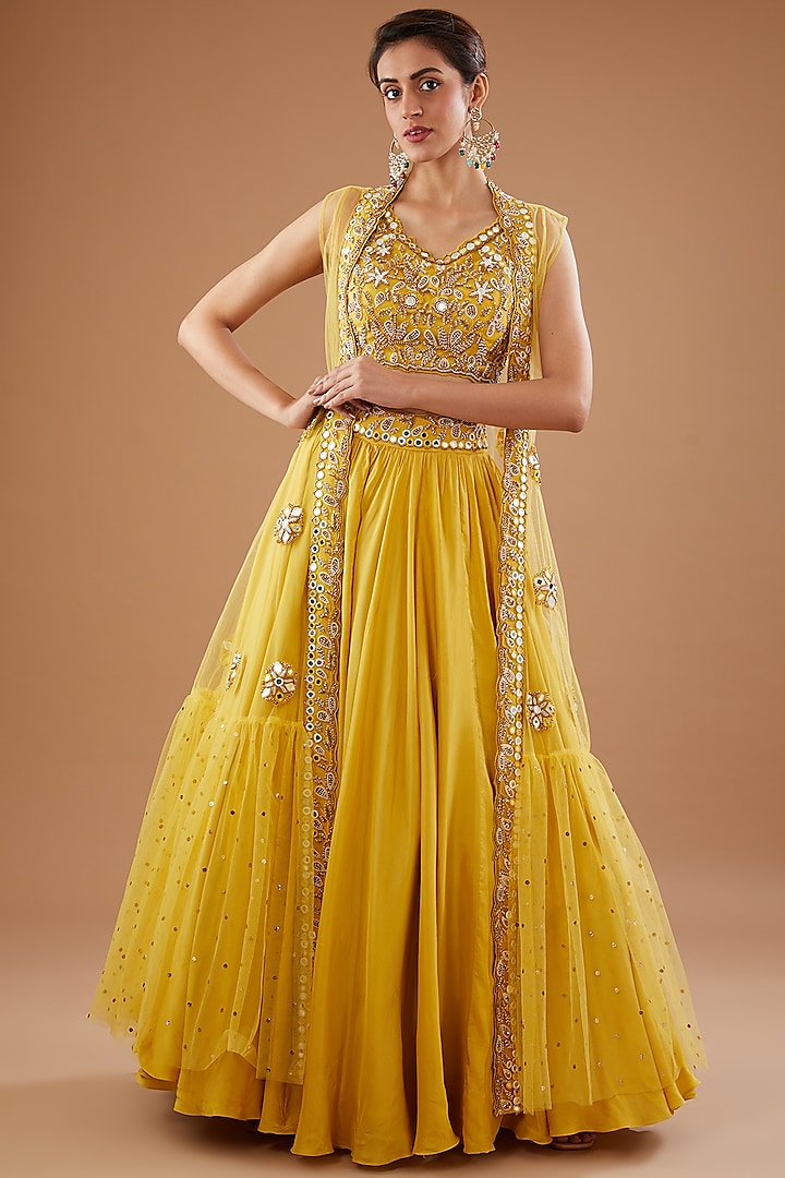 Yellow Silk Georgette Hand Embroidered Cape Set by Neha Mehta Couture