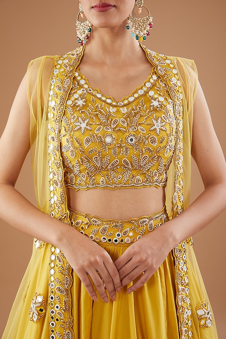 Yellow Silk Georgette Hand Embroidered Cape Set by Neha Mehta Couture at Pernia's Pop Up Shop