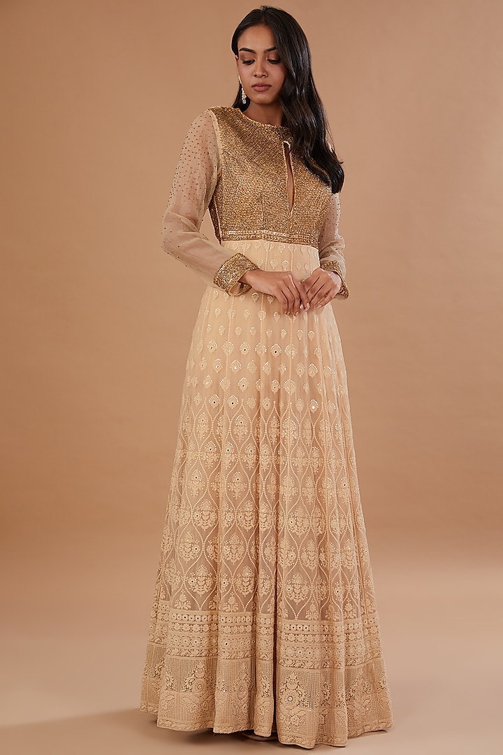 Gold Lucknowi Chikankari Hand Embroidered Gown by Neha Mehta Couture