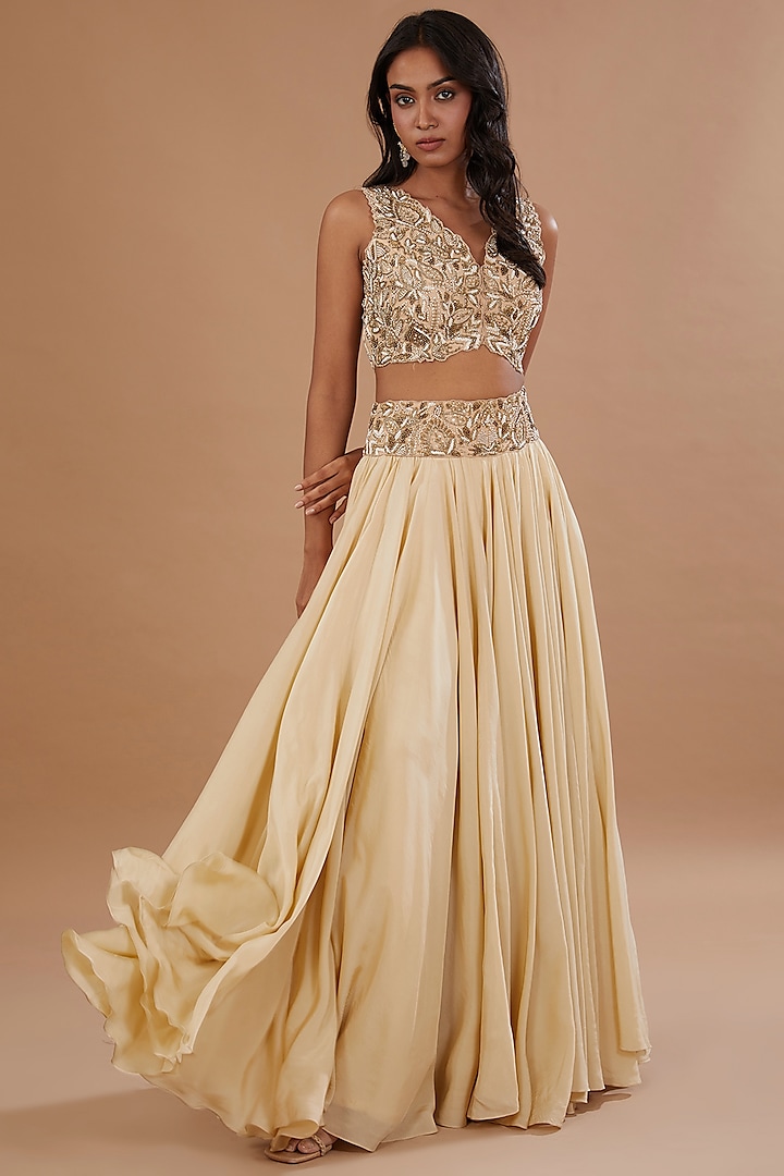 Gold Silk Georgette Hand Embroidered Lehenga Set by Neha Mehta Couture