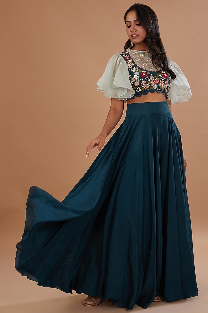 Blue Silk Georgette Sharara Set by Neha Mehta Couture