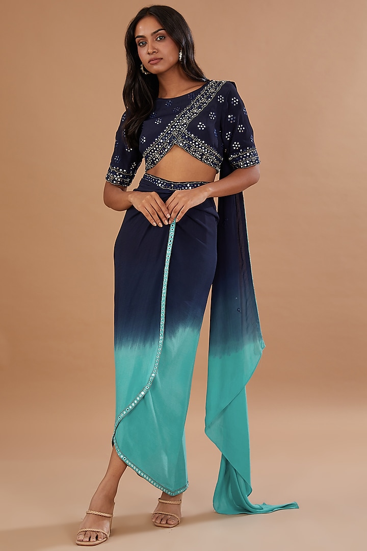 Blue Georgette Hand Embroidered Dhoti Saree Set by Neha Mehta Couture