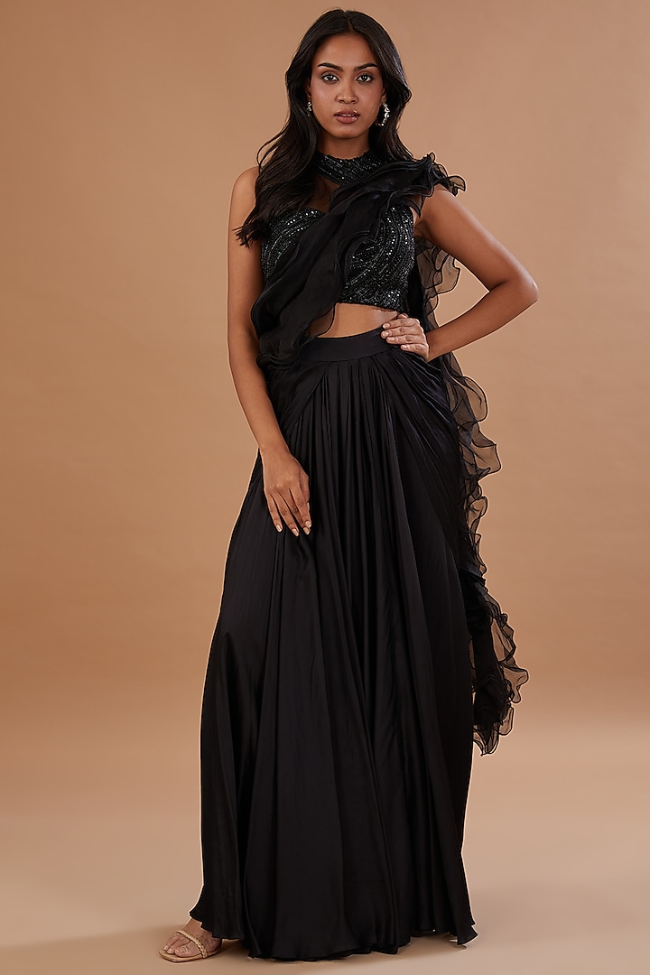 Black Silk Georgette Skirt Saree Set by Neha Mehta Couture