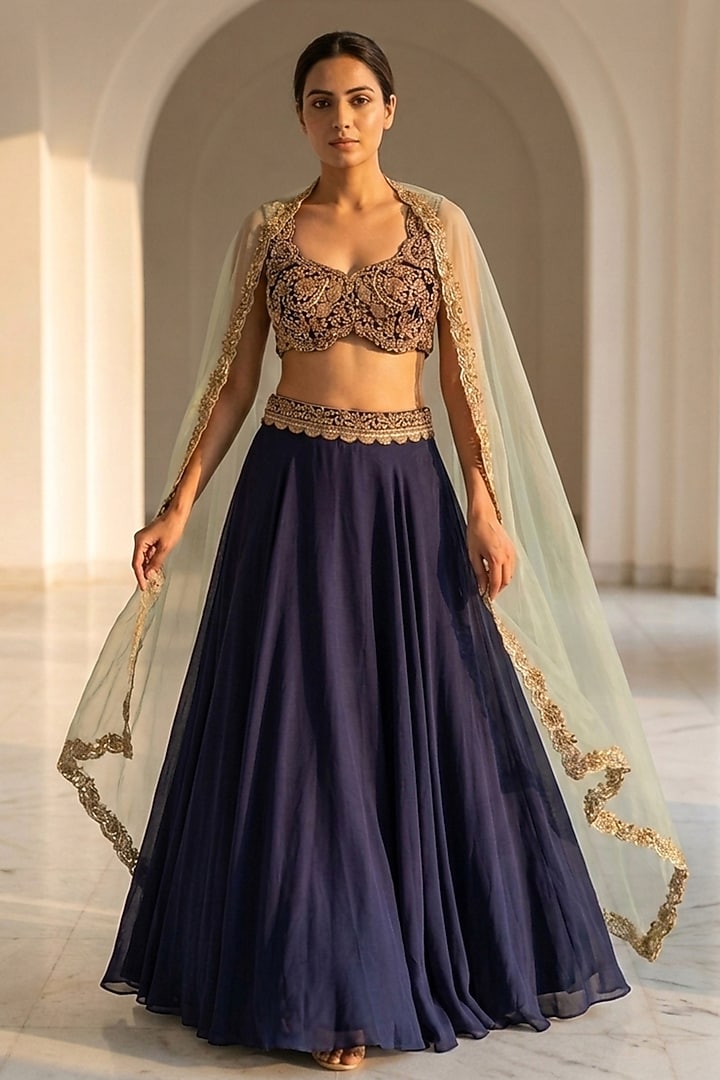 Navy Blue Silk & Organza Hand Embroidered Wedding Lehenga Set by Neha Mehta Couture at Pernia's Pop Up Shop
