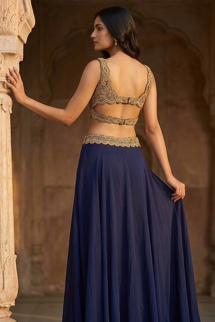 Navy Blue Silk & Organza Hand Embroidered Wedding Lehenga Set by Neha Mehta Couture at Pernia's Pop Up Shop