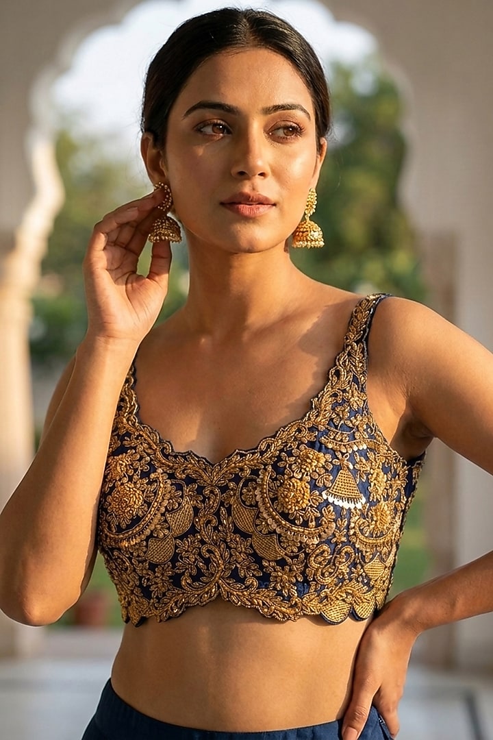 Navy Blue Silk & Organza Hand Embroidered Wedding Lehenga Set by Neha Mehta Couture at Pernia's Pop Up Shop