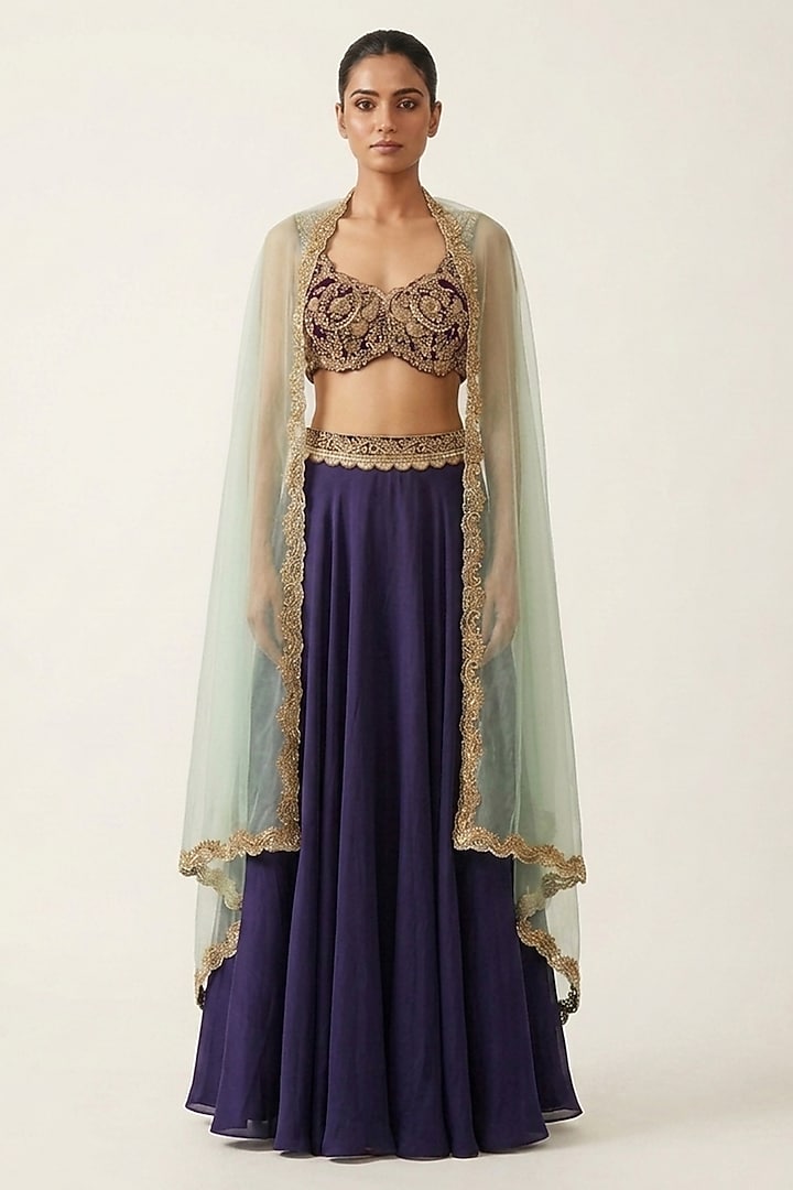 Navy Blue Silk & Organza Hand Embroidered Wedding Lehenga Set by Neha Mehta Couture at Pernia's Pop Up Shop
