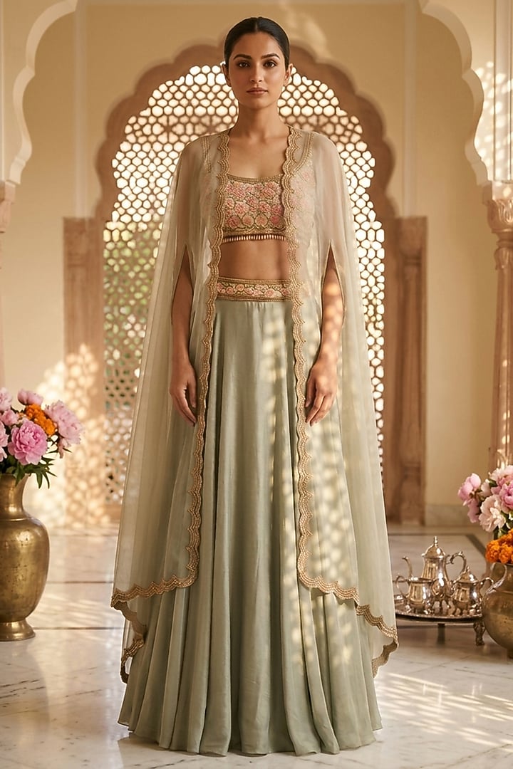 Sage Green Silk & Organza Hand Embroidered Wedding Lehenga Set by Neha Mehta Couture at Pernia's Pop Up Shop