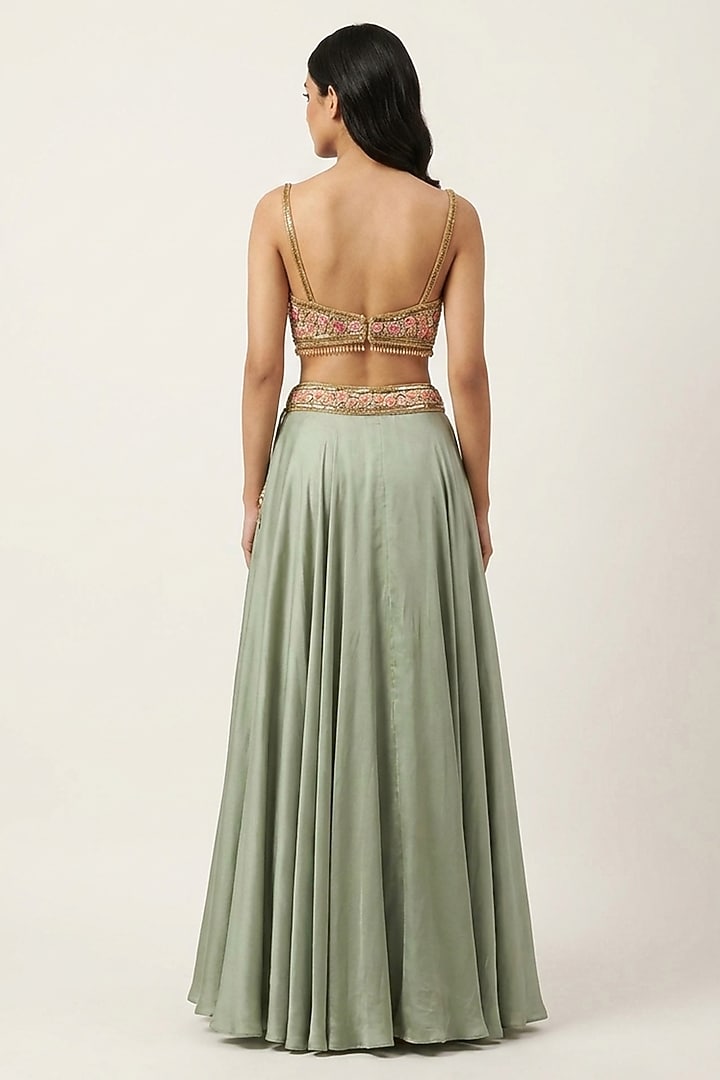 Sage Green Silk & Organza Hand Embroidered Wedding Lehenga Set by Neha Mehta Couture at Pernia's Pop Up Shop