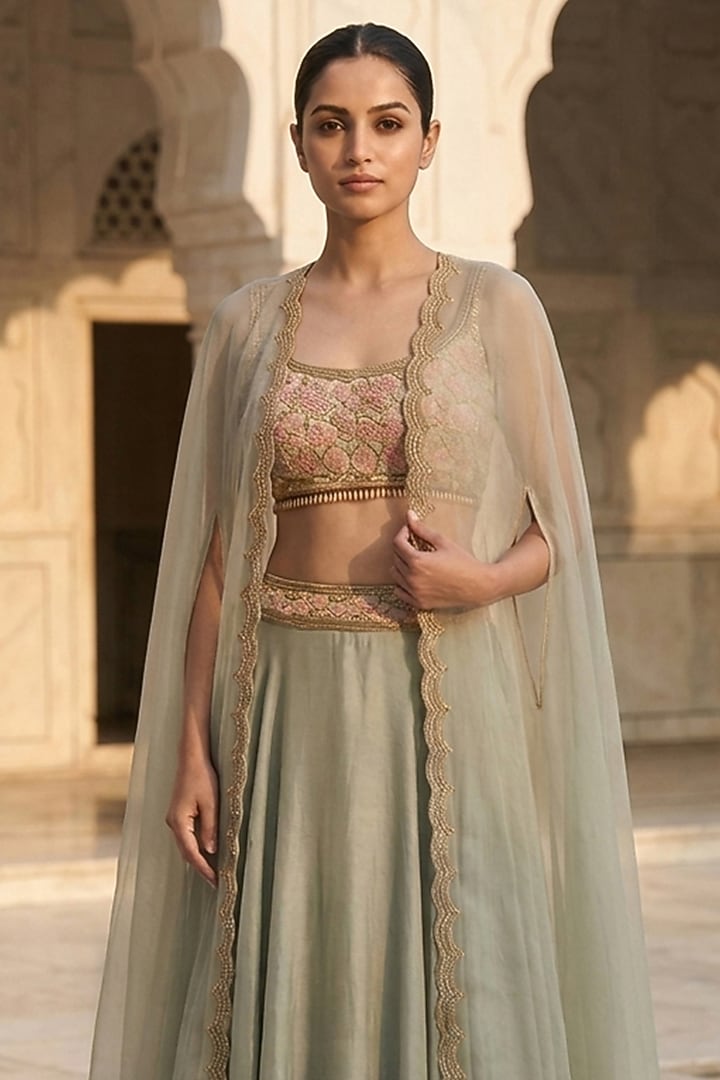 Sage Green Silk & Organza Hand Embroidered Wedding Lehenga Set by Neha Mehta Couture at Pernia's Pop Up Shop