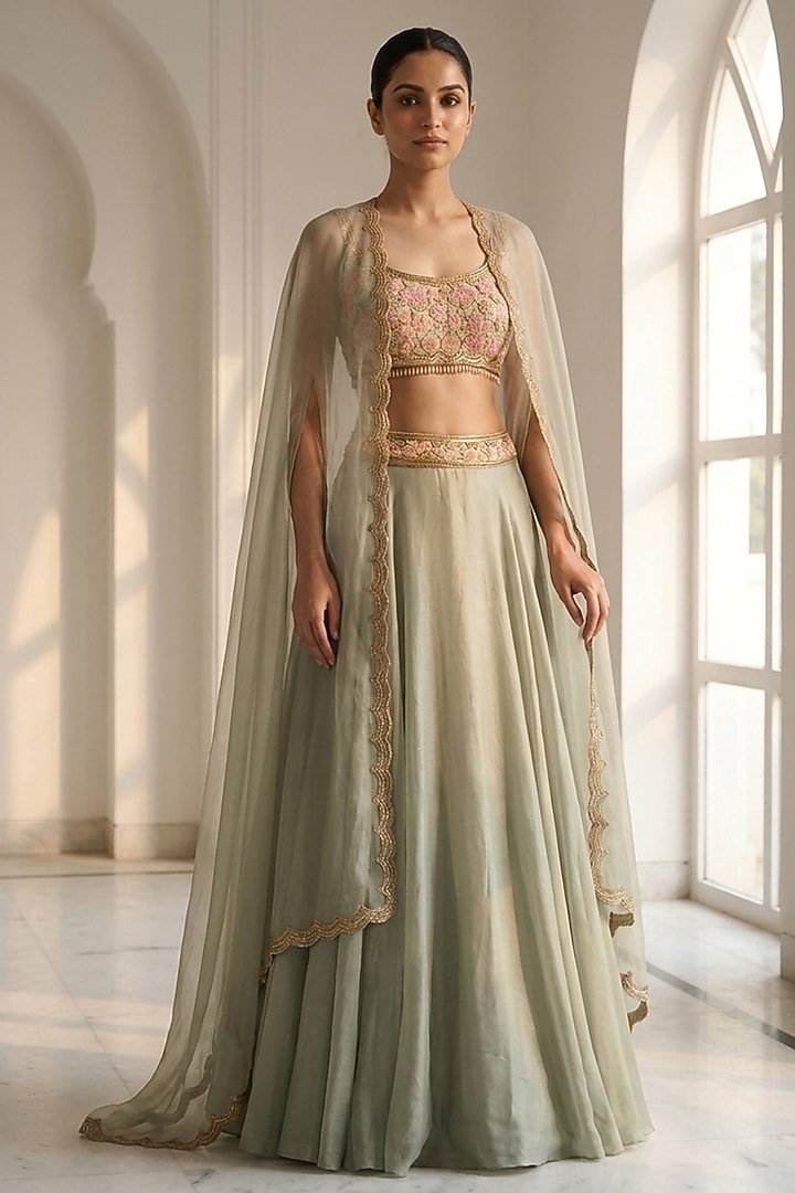 Sage Green Silk & Organza Hand Embroidered Wedding Lehenga Set by Neha Mehta Couture at Pernia's Pop Up Shop