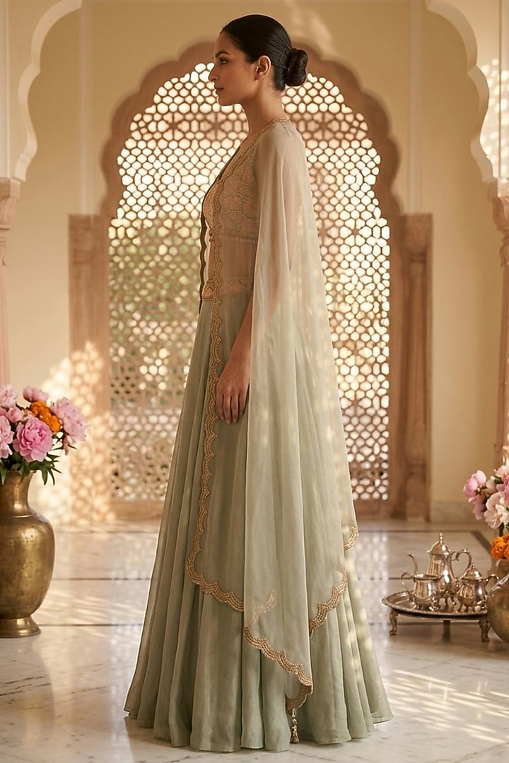 Sage Green Silk & Organza Hand Embroidered Wedding Lehenga Set by Neha Mehta Couture at Pernia's Pop Up Shop