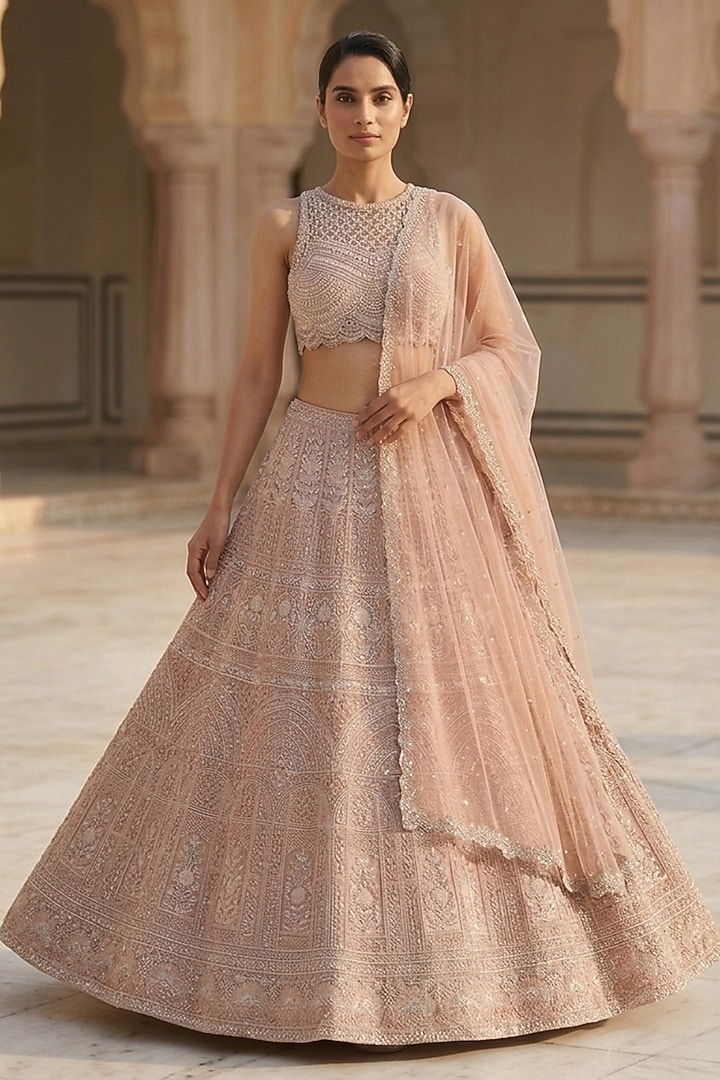 Champagne Lucknowi & Georgette Hand Embroidered Bridal Lehenga Set by Neha Mehta Couture at Pernia's Pop Up Shop