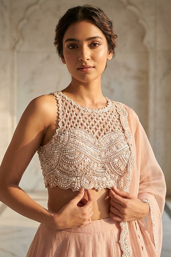 Champagne Lucknowi & Georgette Hand Embroidered Bridal Lehenga Set by Neha Mehta Couture at Pernia's Pop Up Shop