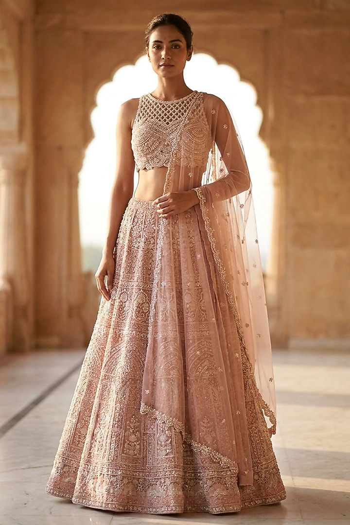 Champagne Lucknowi & Georgette Hand Embroidered Bridal Lehenga Set by Neha Mehta Couture at Pernia's Pop Up Shop