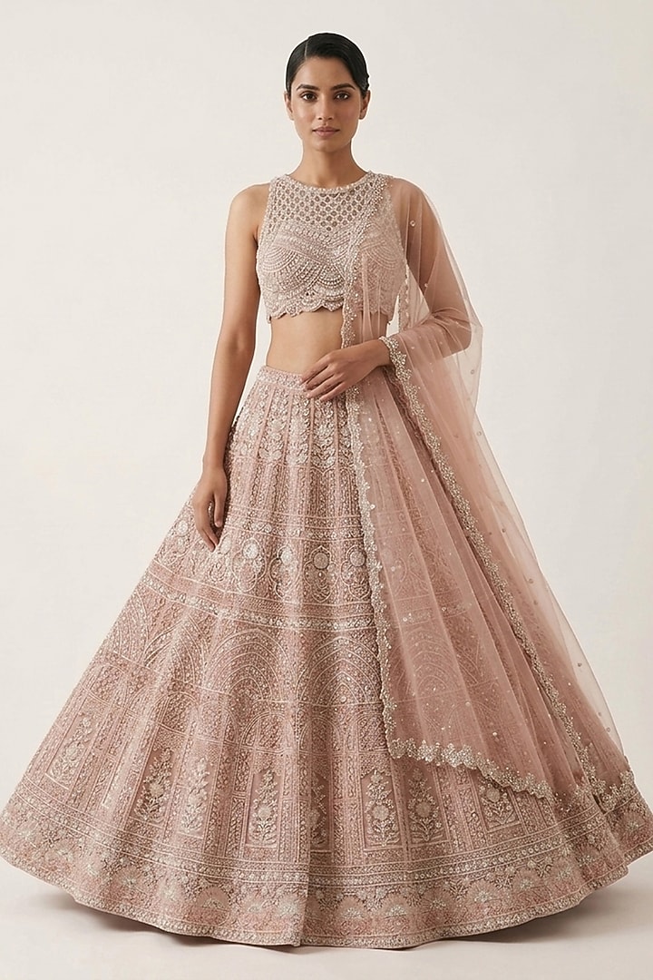 Champagne Lucknowi & Georgette Hand Embroidered Bridal Lehenga Set by Neha Mehta Couture at Pernia's Pop Up Shop