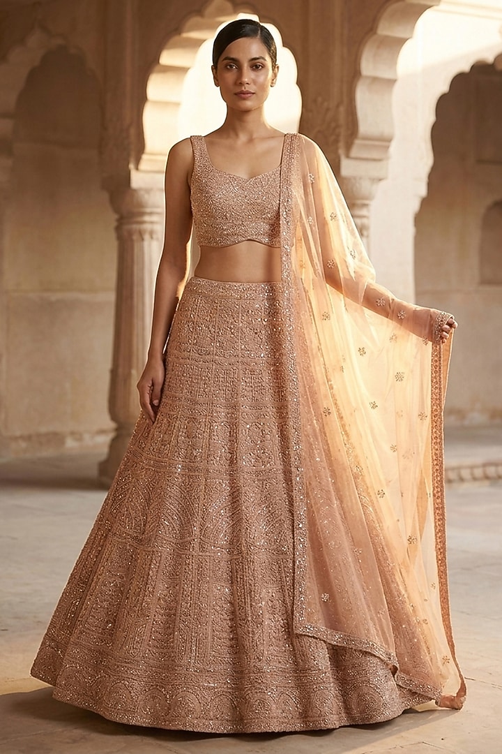 Gold Lucknowi & Georgette Hand Embroidered Bridal Lehenga Set by Neha Mehta Couture at Pernia's Pop Up Shop
