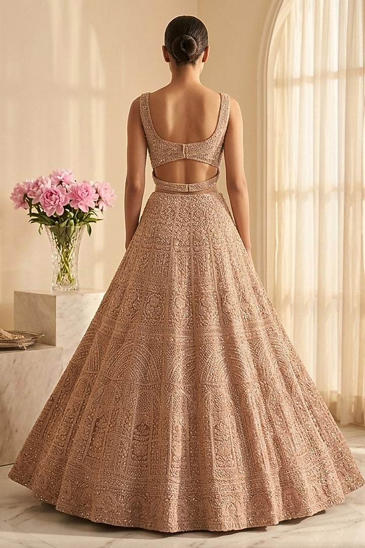 Gold Lucknowi & Georgette Hand Embroidered Bridal Lehenga Set by Neha Mehta Couture at Pernia's Pop Up Shop