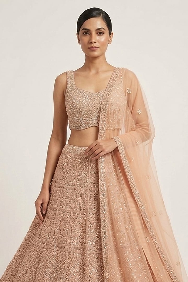 Gold Lucknowi & Georgette Hand Embroidered Bridal Lehenga Set by Neha Mehta Couture at Pernia's Pop Up Shop