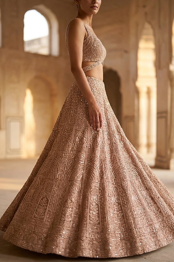 Gold Lucknowi & Georgette Hand Embroidered Bridal Lehenga Set by Neha Mehta Couture at Pernia's Pop Up Shop