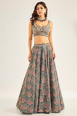 Teal Green Silk Hand Embroidered Lehenga Set by Neha Mehta Couture