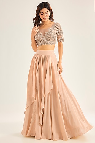 Champagne Gold Silk Lehenga Set by Neha Mehta Couture