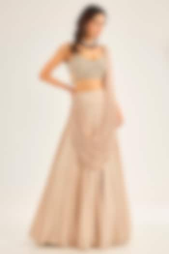 Champagne Gold Silk Draped Wedding Lehenga Set by Neha Mehta Couture at Pernia's Pop Up Shop