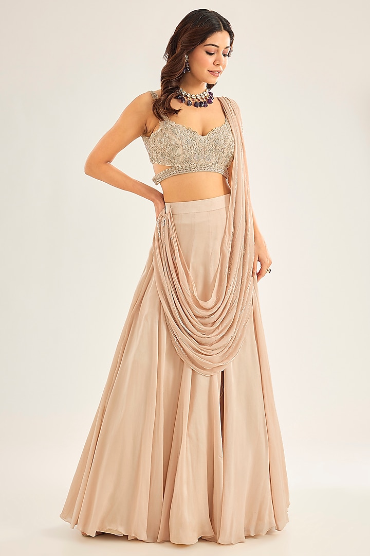 Champagne Gold Silk Draped Wedding Lehenga Set by Neha Mehta Couture at Pernia's Pop Up Shop