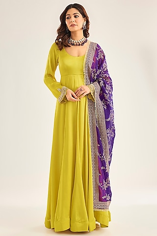 Lime Yellow Silk Hand Embroidered Anarkali Set by Neha Mehta Couture