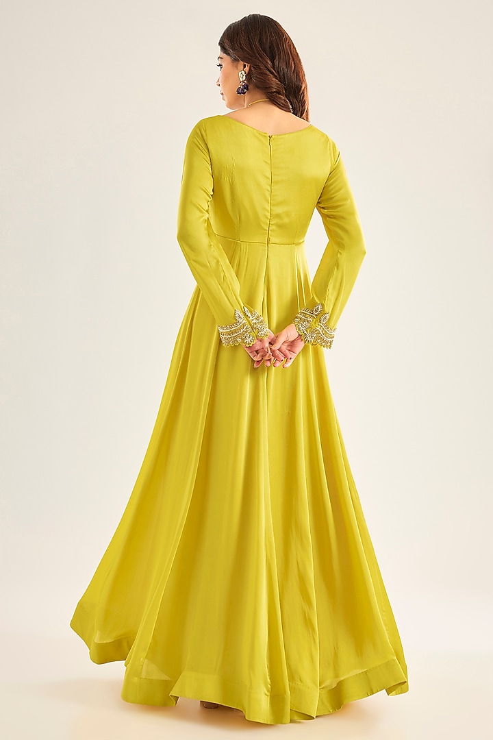 Lime Yellow Silk Hand Embroidered Wedding Anarkali Set by Neha Mehta Couture at Pernia's Pop Up Shop
