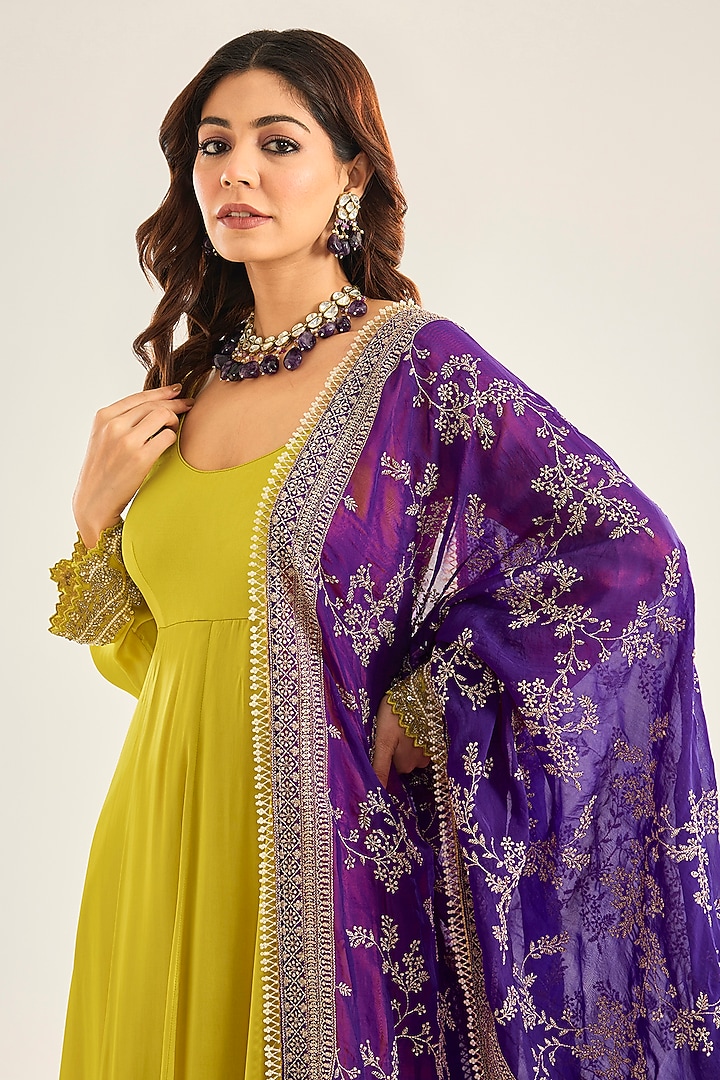 Lime Yellow Silk Hand Embroidered Wedding Anarkali Set by Neha Mehta Couture at Pernia's Pop Up Shop