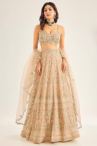 Gold Lucknowi Hand Embroidered Lehenga Set by Neha Mehta Couture