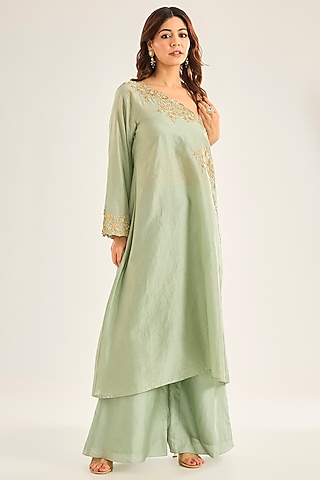 Sage Green Chanderi Silk Hand Embroidered Kurta Set by Neha Mehta Couture
