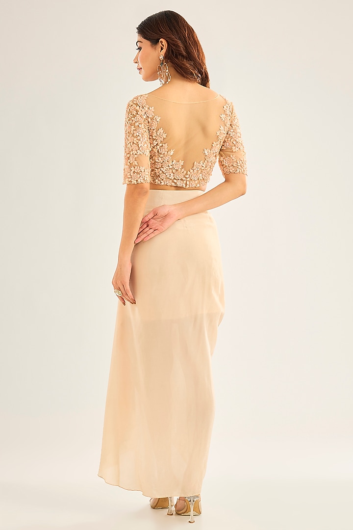 Champagne Gold Crepe Draped Skirt Set by Neha Mehta Couture at Pernia's Pop Up Shop