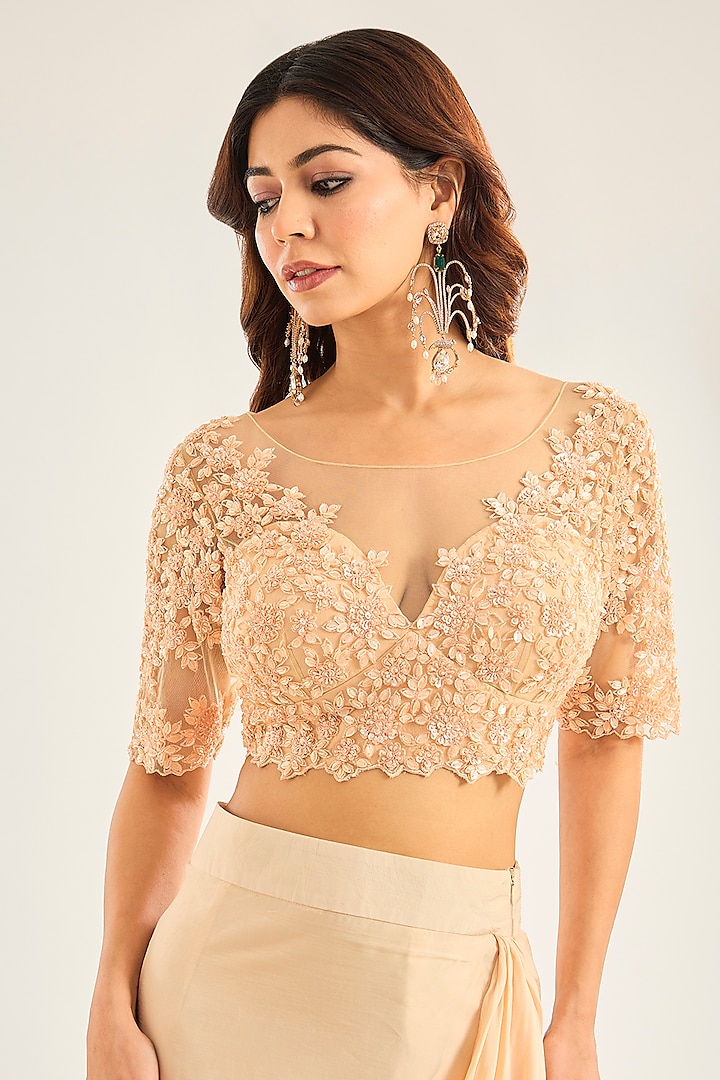 Champagne Gold Crepe Draped Skirt Set by Neha Mehta Couture at Pernia's Pop Up Shop
