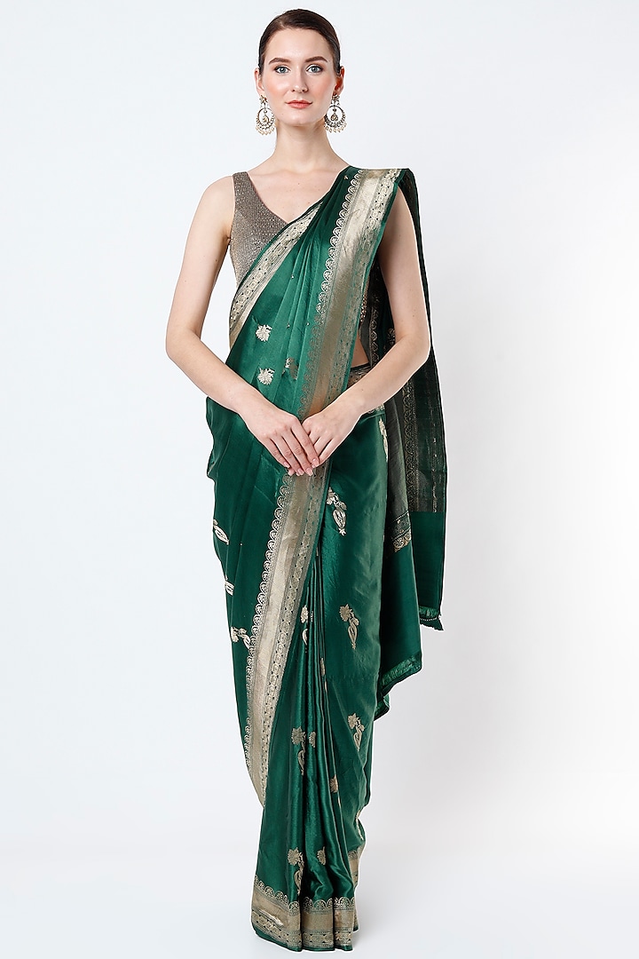 Pine Green Floral Handwoven Saree by NEITRI