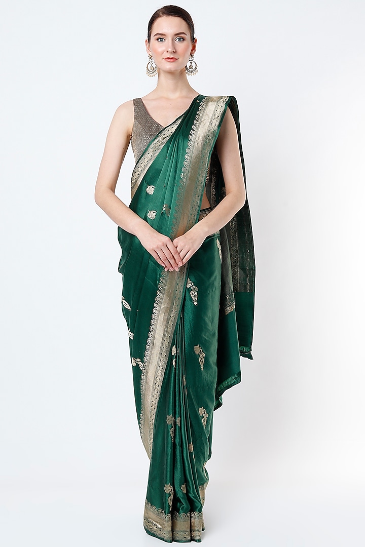 Pine Green Floral Handwoven Saree by NEITRI at Pernia's Pop Up Shop