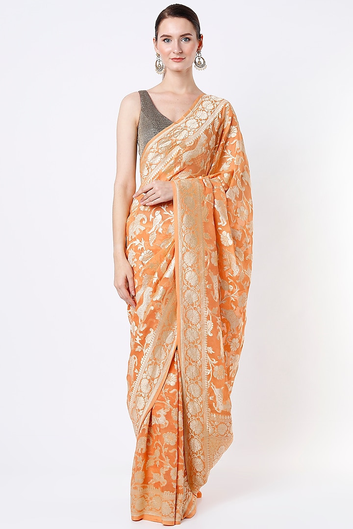 Peach Shikargah Handwoven Saree by NEITRI