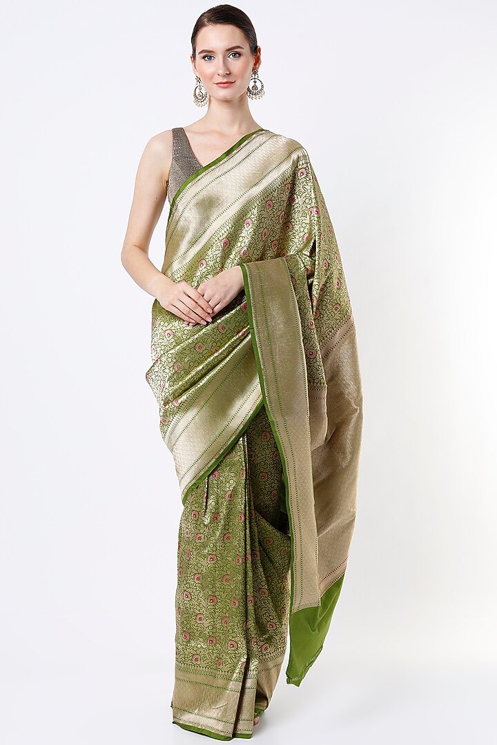 Parrot Green Katan Silk Wedding Saree by NEITRI at Pernia's Pop Up Shop