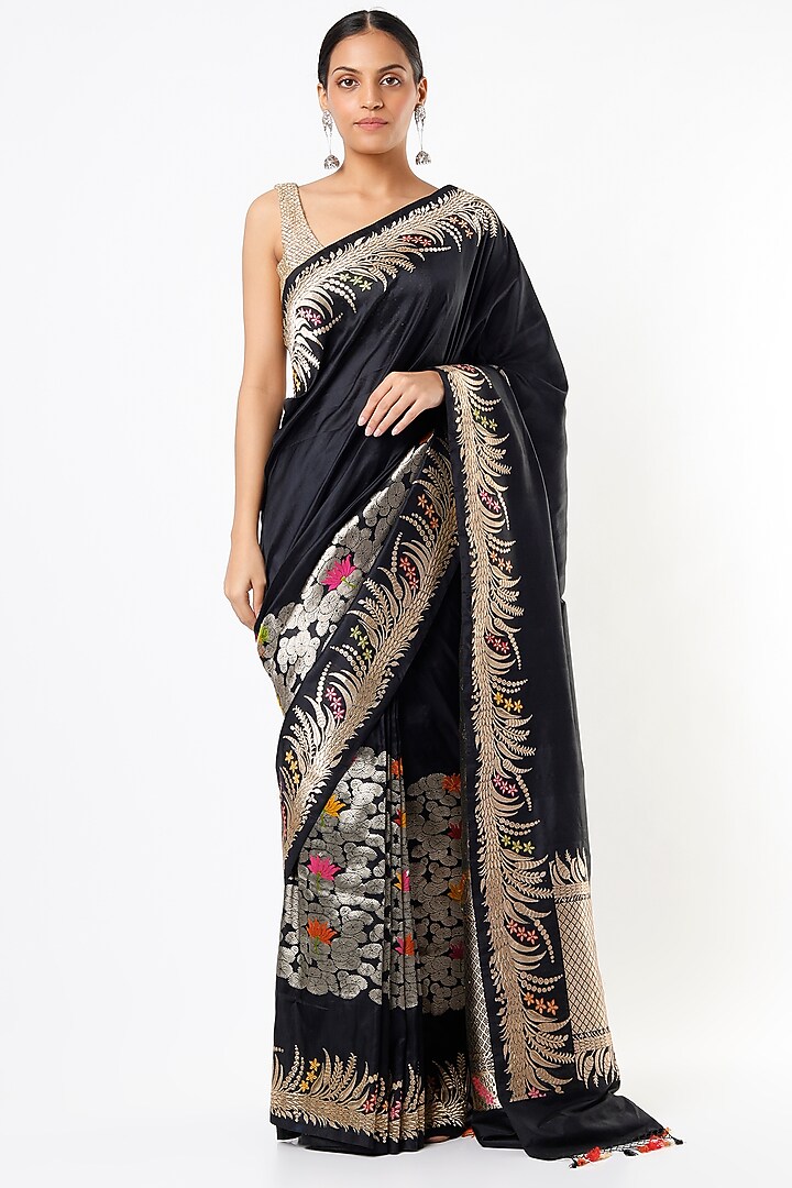 Black Katan Silk Wedding Saree Set by NEITRI at Pernia's Pop Up Shop