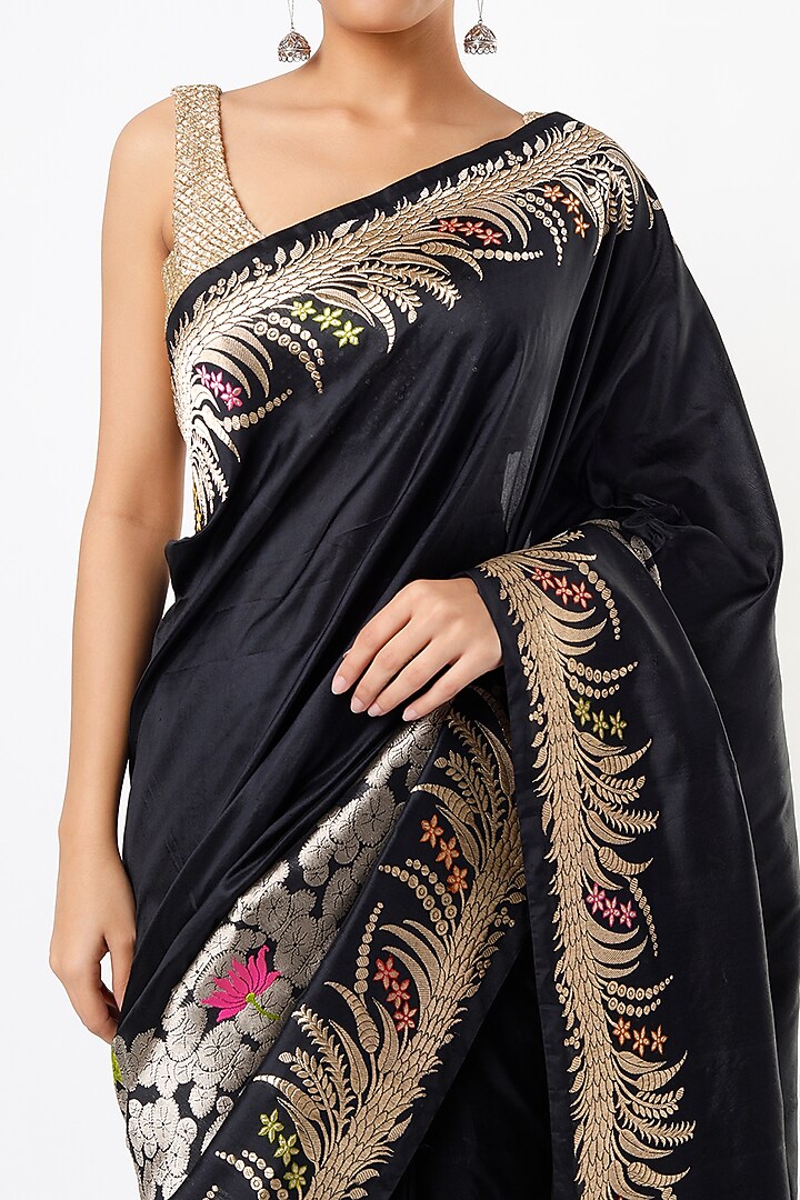 Black Katan Silk Wedding Saree Set by NEITRI at Pernia's Pop Up Shop