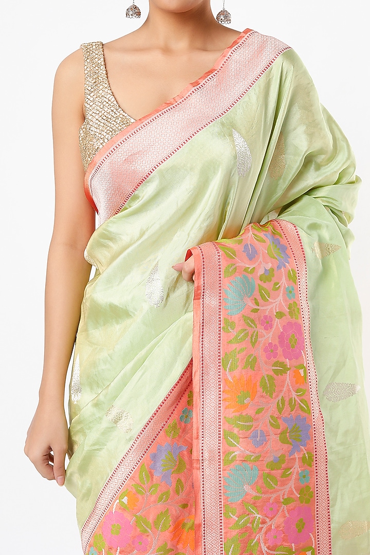 Mint & Coral Silk Wedding Saree by NEITRI at Pernia's Pop Up Shop