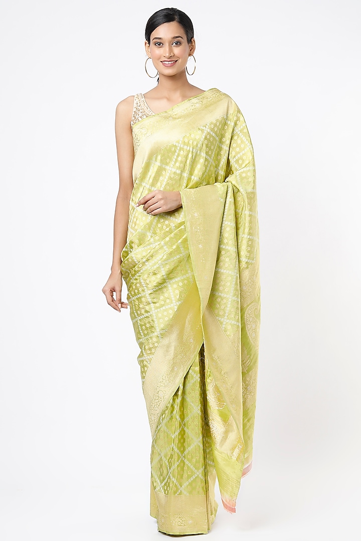 Green Silk Jaal Embroidered Saree by NEITRI