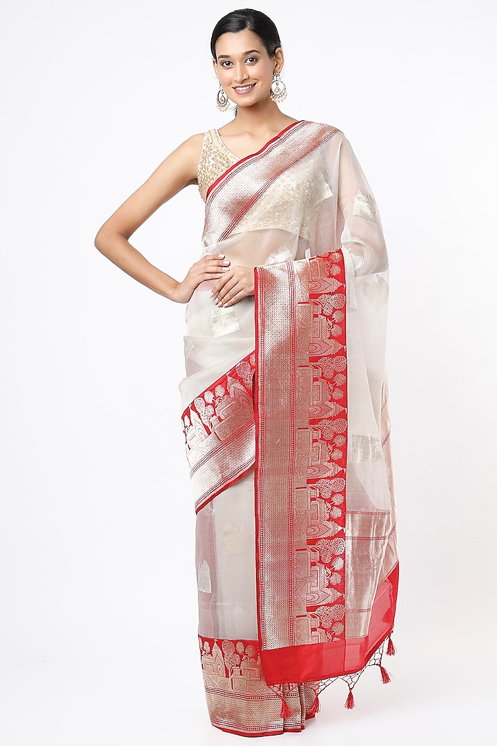 White Organza Saree With Red Temple Border by NEITRI